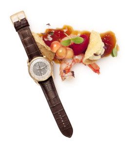 Luxury watch with a seafood dish, food editorial, Sur la Terre inTown 2011