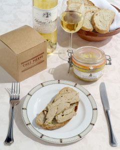 Foie gras on bread with white wine, Chez Pierre international catalogue