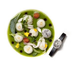 Diamond watch beside a green soup with vegetables, Sur la Terre inTown 2011