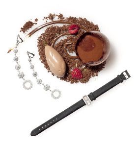 Diamond necklace and watch with a chocolate dessert, Sur la Terre inTown 2011