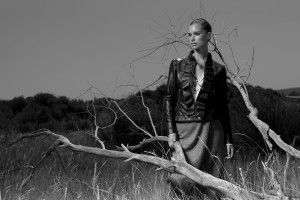Model in leather jacket among dry branches, black and white, Sur la Terre inTown, Greece 2012