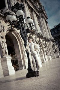 Model in white fur by the Palais Garnier lamps, Paris, Sur la Terre inTown 2012