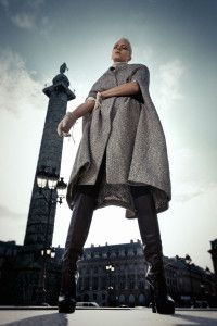 Model in grey cape at Place Vendôme, Paris, Sur la Terre inTown 2012
