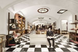 Prada store with chequered marble floor and vaulted ceiling, Galleria Vittorio Emanuele II, Milan