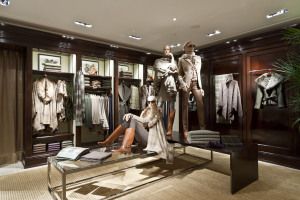 Ralph Lauren store interior with mannequins and menswear, Milan