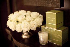 White roses and Ralph Lauren candles on display, Milan