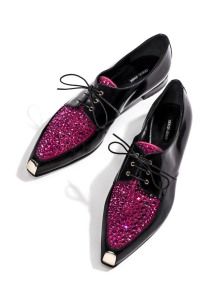 Patent lace-up shoes with fuchsia crystals, Harper's Bazaar editorial 2014