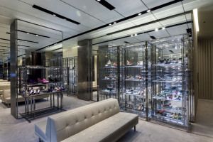Prada Sport store with glass display cabinets and bench, Corso Venezia, Milan