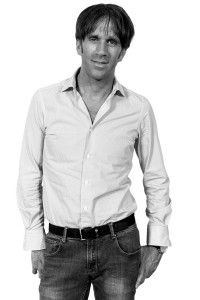 Portrait of chef Davide Oldani in white shirt, black and white, for Samsung