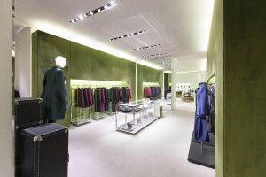 Prada menswear store with green velvet walls, via Montenapoleone, Milan