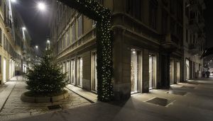 Dolce & Gabbana boutique street at night with Christmas tree, Milan, winter 2014