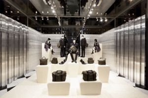Mannequins and bags on white plinths, Prada Sport, Corso Venezia, Milan