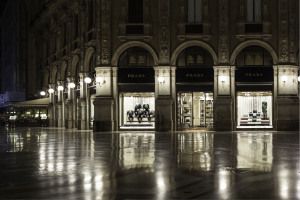 Prada store windows at night, Galleria Vittorio Emanuele II, Milan