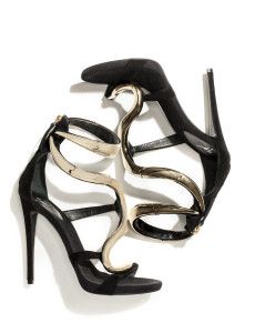 Black sandals with sculptural gold straps, Harper's Bazaar editorial 2014