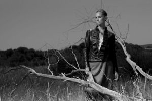 Model in leather jacket among dry branches, black and white, Sur la Terre inTown, Greece 2012