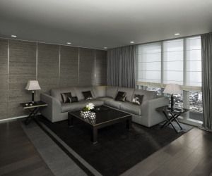 Living room with grey sofa and large windows, Armani/Casa residence, Century Spire, Manila
