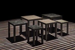 Armani/Casa side tables on a striped floor, Salone del Mobile 2014
