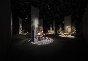 Armani/Casa exhibition space with spotlit furniture islands, Salone del Mobile 2014