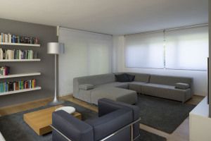 Living room with grey sofa and bookshelves, country house by architect A. Monzani, Casale Monferrato