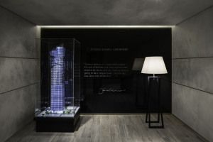 Century Spire tower model in a dark display room, Armani/Casa, Manila