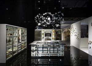 La Cornue range cooker and glass cabinets under a crystal chandelier, Rho fair 2014