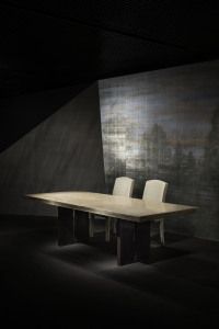 Armani/Casa dining table and chairs in a dramatic dark set, Salone del Mobile 2014