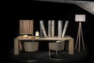Armani/Casa table, chairs and tripod lamp on a dark set, Salone del Mobile 2014