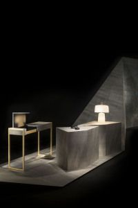 Armani/Casa desk and console with lamps on a dark set, Salone del Mobile 2014