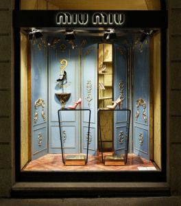 Miu Miu shop window with shoes on display stands, via Sant'Andrea, Milan