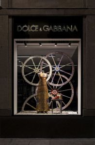 Dolce & Gabbana shop window with gold dress and wooden cart wheels, Milan