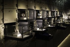 Watches in illuminated vault niches, Emporio Armani stand, Baselworld 2014