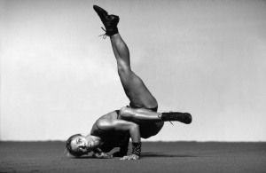 Breakdancer balancing on one hand, black and white, Rimini 1998
