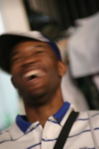 Laughing dancer on set, backstage