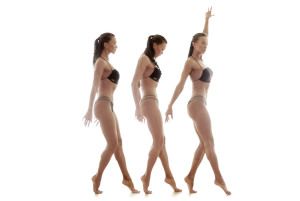 Fitness athlete in a black bikini, triple exposure