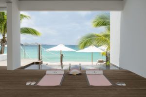 Private yoga set-up on a terrace facing the beach, Cheval Blanc St-Barth