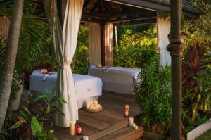 Tropical spa pavilion with treatment beds in the evening, Cheval Blanc St-Barth