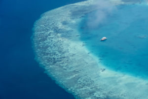 Coral reef edge and turquoise lagoon, Noonu Atoll, Maldives, aerial view